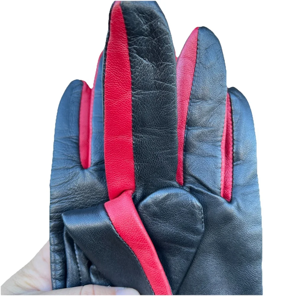 Ralph Lauren Black Leather Gloves Red Trim Button Detail Women One Size